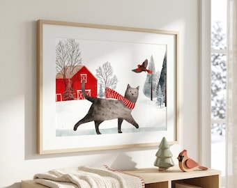Charming Winter Cat Wall Art Print, Winter Style, Cat Lover Gift, Christmas Gift, Holiday Gift, Rustic Wall Decor, Farmhouse Christmas Decor