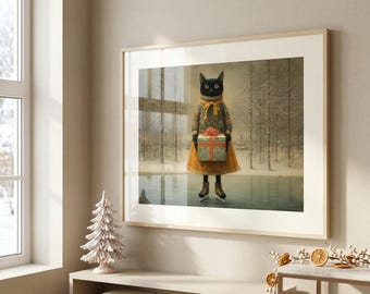 Lámina navideña de gato negro, arte de pared para las fiestas de invierno, decoración festiva de gato, decoración de temporada, regalo acogedor para amantes de los gatos, decoración navideña