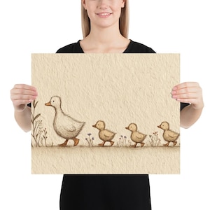 May include: A print featuring a mother duck and her three ducklings walking in a line. The illustration is in soft, muted colors with delicate floral accents. The artwork has a whimsical, storybook feel.