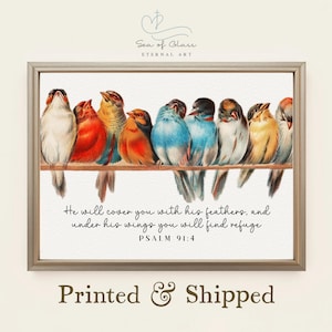 Psalm 91:4 Unframed Poster Wall Art Print, Vintage Birds Bible Verse  - “Under His Wings” Scripture Decor, Christian Wall Art, Scripture Art