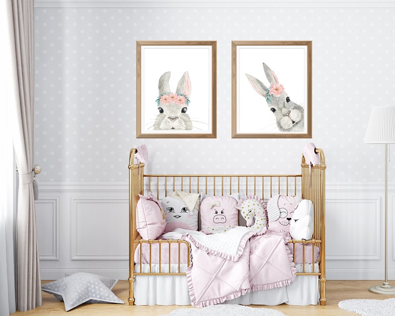 Bunny Rabbit Nursery Wall Decor Set of 2 DIGITAL PRINTS Nursery Wall