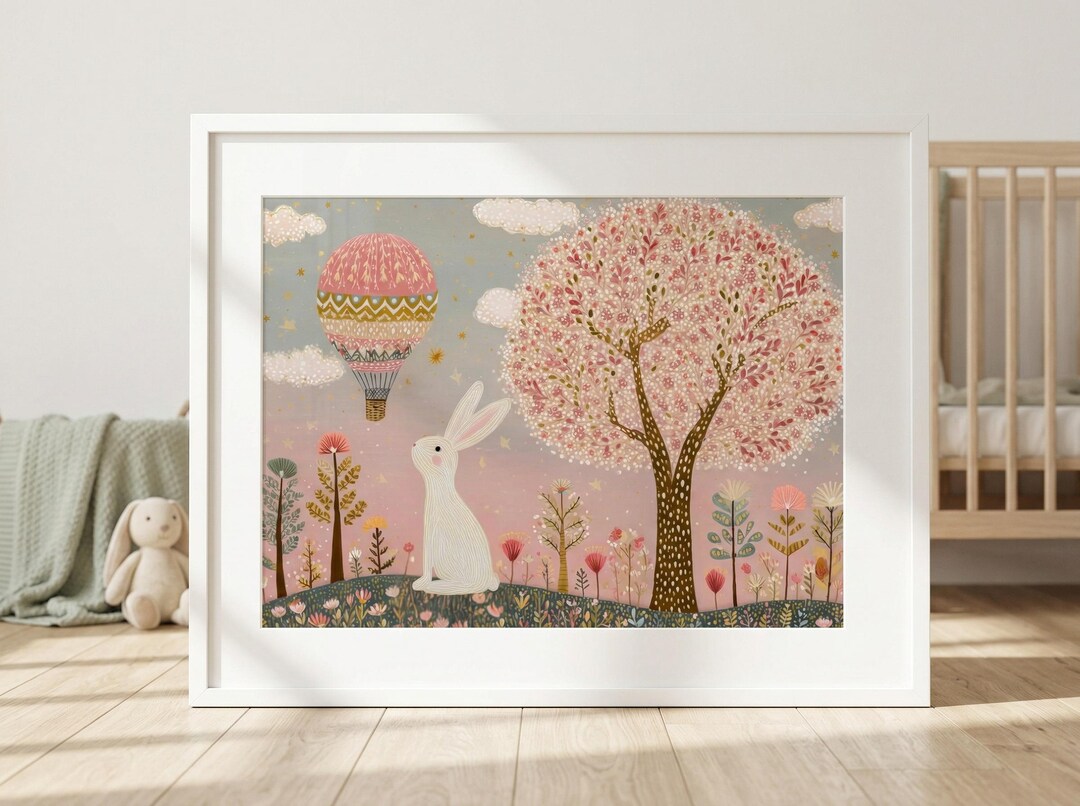 Whimsical Bunny Hot Air Balloon Print, Pink Nursery Wall Art for Kids ...