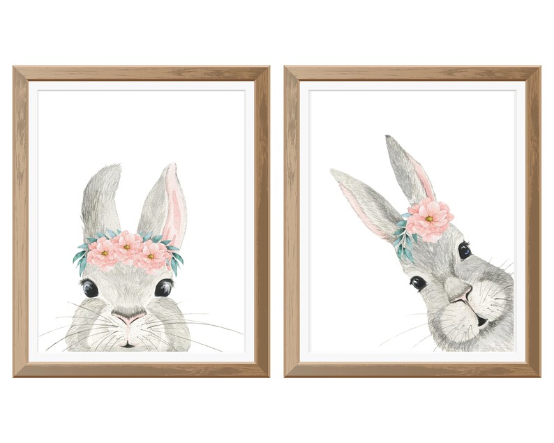 Bunny Rabbit Nursery Wall Decor Set of 2 DIGITAL PRINTS Nursery Wall