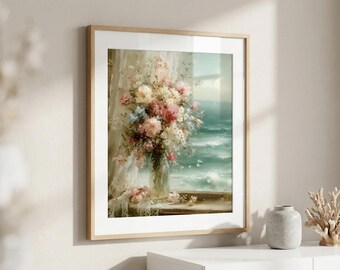 Lámina con estampado de paisaje marino y jarrón floral vintage, lámina de océano en tonos pastel serenos, arte romántico de estilo shabby chic para casa de playa (descarga digital)