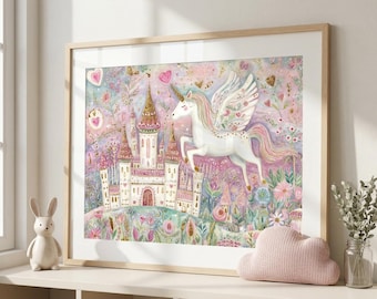 Pink Fairytale Girls Room Poster | Unicorn Castle Wall Art Print | Princess Nursery Decor | Pink Castle Nursery Art | Unicorn Bedroom Poster