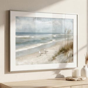 Serene Ocean Wall Art Print With Seagulls - Coastal Oil Painting Style ...