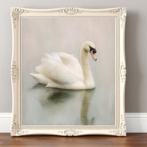 Vintage zwaanschilderij: blushroze Cottagecore-kunst, antieke vogelkunstwerken, Frans landelijk decor (digitale download)