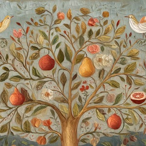 May include: A painting depicting a tree laden with fruit, including pears, oranges, and apples. Two birds are perched on branches, one yellow and one white.