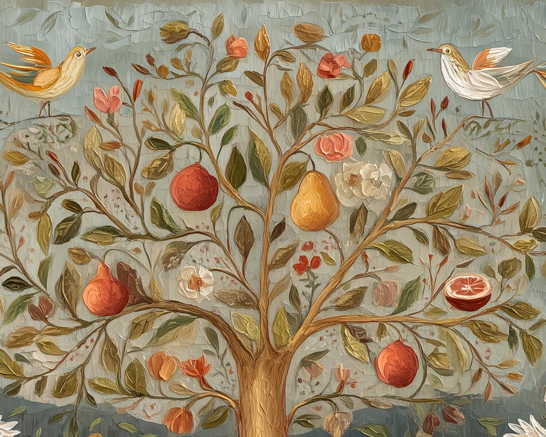 May include: A painting depicting a tree laden with fruit, including pears, oranges, and apples. Two birds are perched on branches, one yellow and one white.