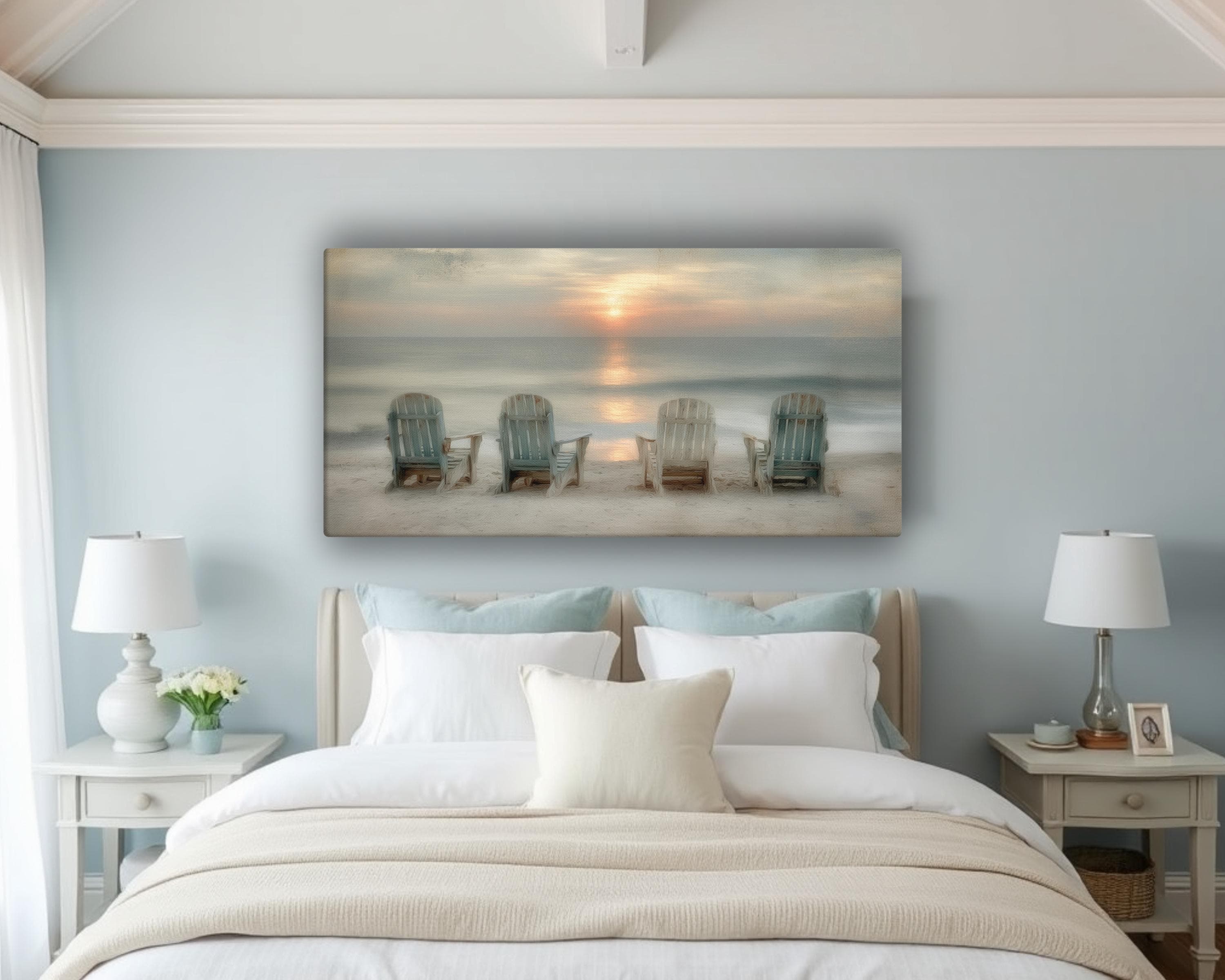 Coastal Sunset Canvas Print With Adirondack Chairs | Beach House Decor ...