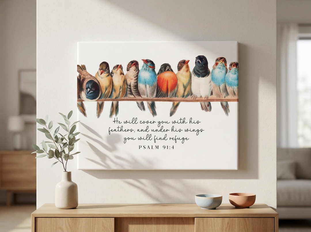 Psalm 91:4 Vintage Birds Bible Verse Unframed Canvas Wall Art Print ...