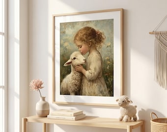 Vintage Sheep Girl Oil Painting Style Print: Rustic Farmhouse Nursery Art, Cottagecore Baby Room Decor, Pastoral Wall Art (Digital Download)