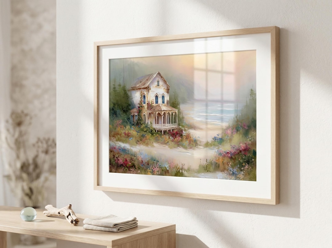 Seaside Cottage Painting Digital Print: Vintage Beach House Coastal Art ...