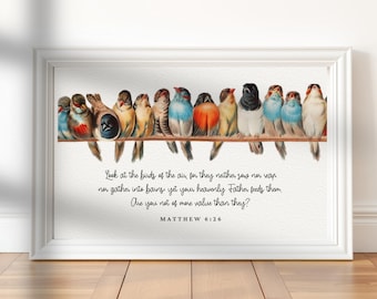 Vintage Birds Illustration Matthew 6:26 Look At The Birds DIGITAL PRINT |  Bible Verse Wall Art Decor | Christian Scripture Printable Art