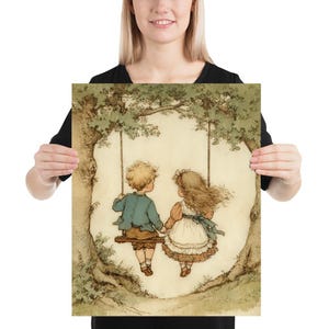May include: A vintage-style print featuring a boy and girl on a swing. The boy wears a blue jacket, and the girl has a white dress with a blue bow. The artwork is framed by a tree and foliage, with a soft, muted color palette.