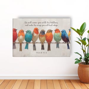 Psalm 91:4 Bird Wall Art Oil Painting PRINT on Canvas | Christian Scripture Print | He Will Cover You with His Feathers Scripture Artwork
