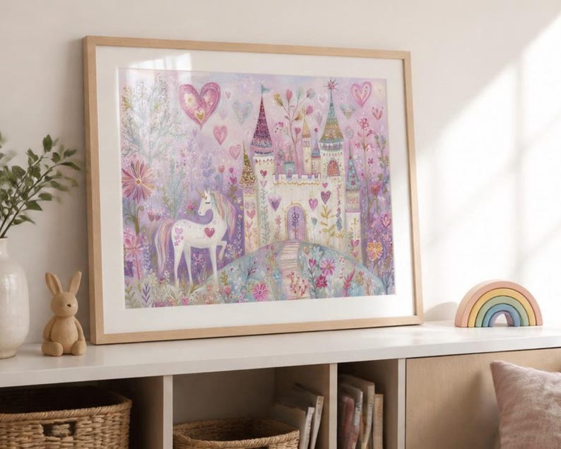 May include: A framed art print featuring a white unicorn standing in a garden with a castle in the background. The illustration includes pink hearts, colourful flowers, and trees in shades of purple, pink, and green, all enclosed in a light wood frame.