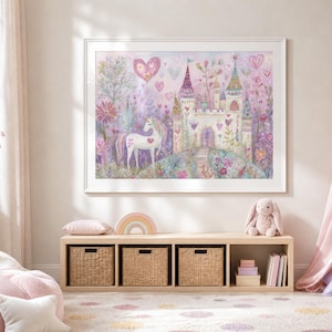 Unicorn Wall Art, Whimsical Castle Painting, Fairy Tale Nursery Art, Watercolors Unicorn Art for Girls Room, Pink Magical Fantasy Decor image 7