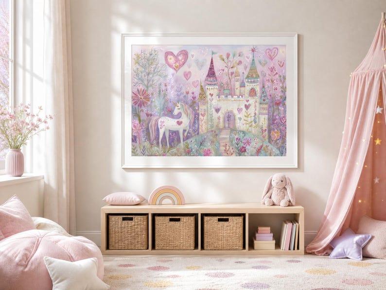 Unicorn Wall Art, Whimsical Castle Painting, Fairy Tale Nursery Art, Watercolors Unicorn Art for Girls Room, Pink Magical Fantasy Decor image 7
