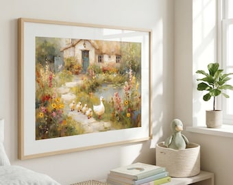 Mother Duck and Ducklings Print: Vintage Cottage Garden Art (Digital Download)