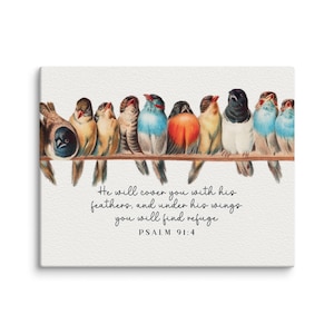 Psalm 91:4 Vintage Birds Bible Verse Unframed Canvas Wall Art Print - “Under His Wings” Scripture Decor, Colorful Birds Christian Wall Art