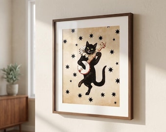 Vintage Black Cat Banjo Print: Retro Starry Wall Art (Digital Download)