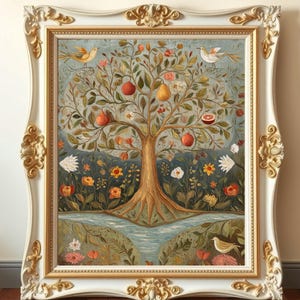 May include: A framed painting depicting a stylised tree with an assortment of fruits, flowers, and birds. The tree is painted in a whimsical style against a blue background, with a river flowing beneath it.