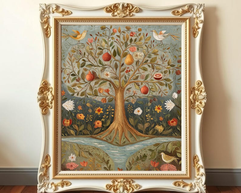 May include: A framed painting depicting a stylised tree with an assortment of fruits, flowers, and birds. The tree is painted in a whimsical style against a blue background, with a river flowing beneath it.