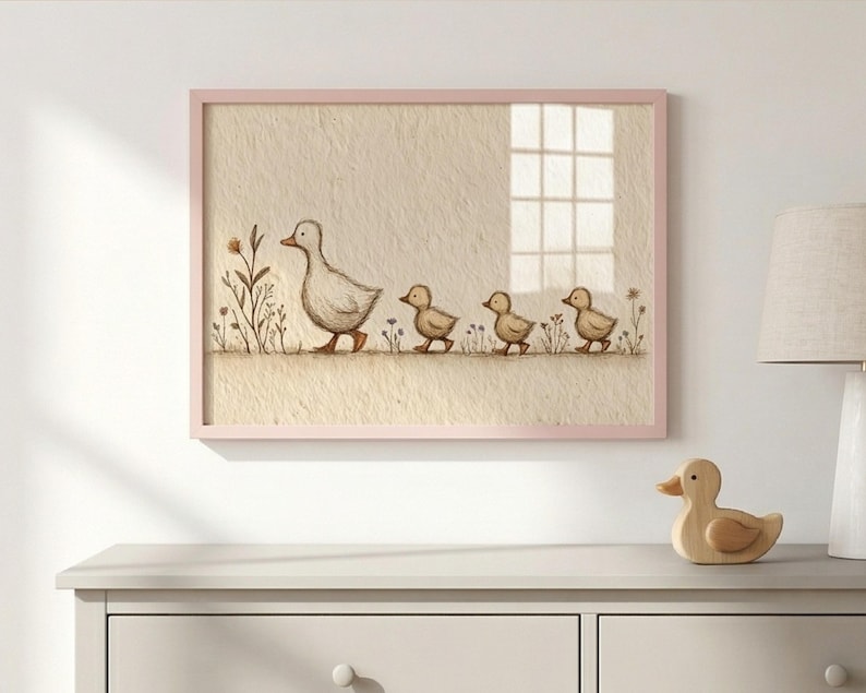 May include: A framed print featuring a mother duck and her three ducklings walking in a row. The artwork is in soft, muted tones with a light pink frame. The background is a textured beige, with a window visible.
