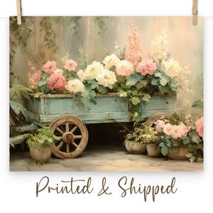 Vintage Blumenwagen Kunstdruck - Romantische Ölmalerei Stil, Shabby Chic Dekor, Pastell Garten Druck auf Matte Papier