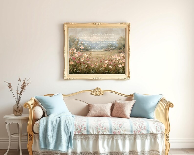 May include: A framed landscape painting with a gold ornate frame hangs above a cream-colored chaise lounge. The painting depicts a field of pink flowers. The chaise lounge has light blue pillows and a matching throw.