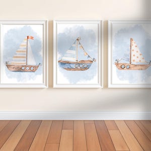 Nautical Sailboat Wall Art Set of 3 |Coastal Nursery Decor | Beach Themed Digital Prints | Pastel Blue Baby Room Art |Kids Room Wall Decor