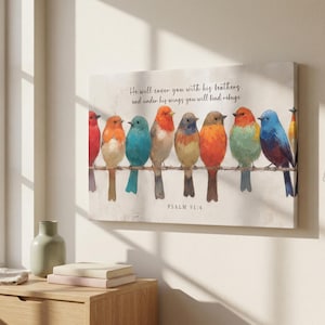 Psalm 91:4 Bird Wall Art  PRINT on Canvas | Christian Scripture Print | He Will Cover You with His Feathers Scripture Artwork, Farmhouse Art