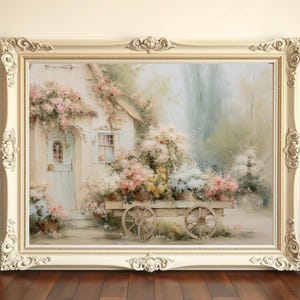 Cottagecore Blumenwagen-Druck - Pastellblumen-Cottage-Wandkunst - Ölgemälde im impressionistischen Stil - Französisches Bauernhausdekor