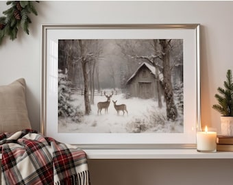 Deer Scene Print, Winter Landscape Art, Holiday Gift, Winter Style, Rustic Wall Decor, Winter Woodland Wall Art, Christmas Wall Art