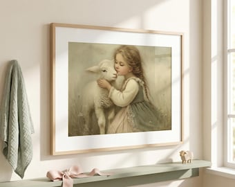 Girl and Lamb Vintage Oil Painting: Pastoral Nursery Decor Print (Digital Download)