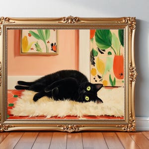 Vintage Black Cat on Shag Rug Oil Painting Style Digital Print, Black Cat Artwork, Cute Cat Printable Art, Funny Black Cat Art Gift