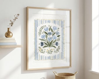 Blue Tulip Floral Art Print: Grandmillennial Cottagecore Decor (Digital Download)