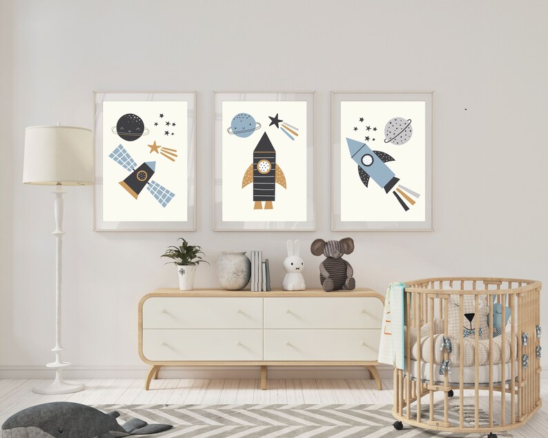 Space Nursery Wall Art Set of 3 ~ Rocket Ship Prints for Boy Room ...
