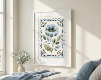 Cottagecore Blaue Blumen Wand Kunstdruck: Grandmillennial Vintage Style Blumen Kunstwerk, Handgemaltes botanisches Wohndekor
