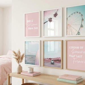 Blush Pink Beach Wall Art Set of 6 ~ Palm Tree Surfboard Retro Van Prints ~ Teen Girl Room Decor with Motivational Quotes ~ Coastal Style