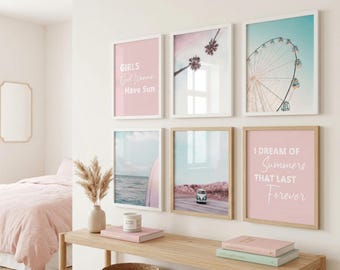 Blush Pink Beach Wall Art Set of 6 ~ Palm Tree Surfboard Retro Van Prints ~ Teen Girl Room Decor with Motivational Quotes ~ Coastal Style