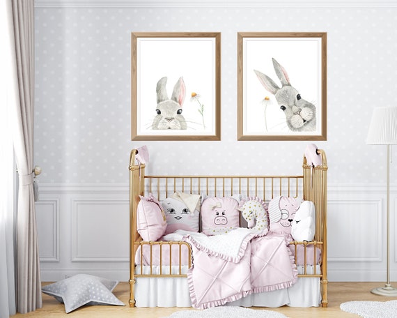 Bunny Rabbit Nursery Wall Decor Printable Art Set of 2 Bunny Prints Nursery Wall Art Bunny With Daisy Baby Girl Nursery Wall Art Decor Etsy