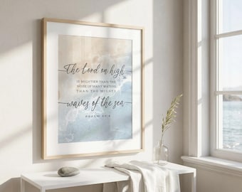 Psalm 93:4 Beach House Bible Verse Wall Art Decor | DIGITAL PRINT | Coastal Sea Art Prints | Watercolor Ocean Art | Christian Scripture Sign