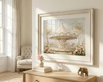 Vintage Nursery Wall Art - Pink Carousel Art, Girl Nursery Decor, Shabby Chic Girl Room Painting, Baby Girl French Nursery Art, Girl Artwork