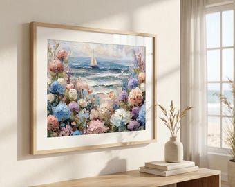 Stampa di paesaggio marino con ortensie costiere: dipinto floreale di spiaggia in stile cottage, dipinto romantico di barca a vela, arte pastello per la casa costiera (download digitale)