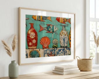 Vintage Fish Folk Art Painting Print - Colorful Mediterranean Kitchen Decor – Boho Beach Decor - Nautical Printable - Retro Fish Artwork