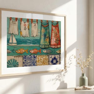 Vintage Folk Art Fish and Clothesline Mediterranean Tile Wall Art Printable – Colorful laundry Room Art - Coastal Beach house Nautical Decor