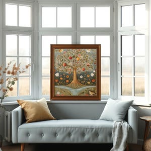 May include: A framed painting depicting a tree laden with fruit and flowers. The tree is set against a blue sky and green grass. The painting is in a brown frame.