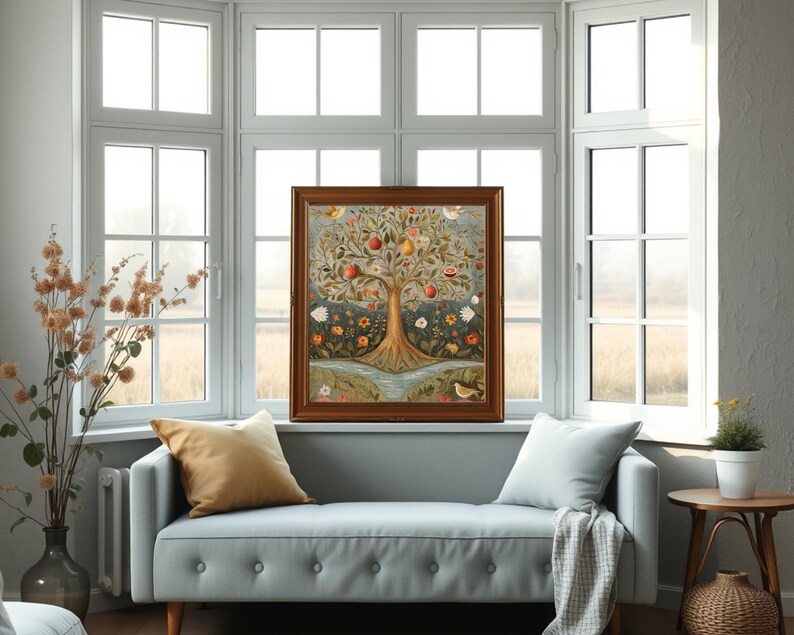 May include: A framed painting depicting a tree laden with fruit and flowers. The tree is set against a blue sky and green grass. The painting is in a brown frame.
